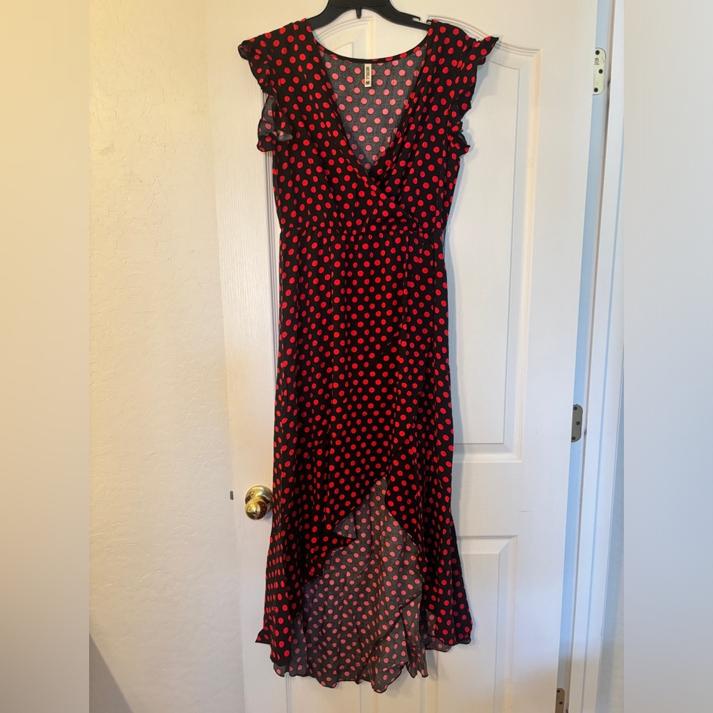 red and black polka dot dress